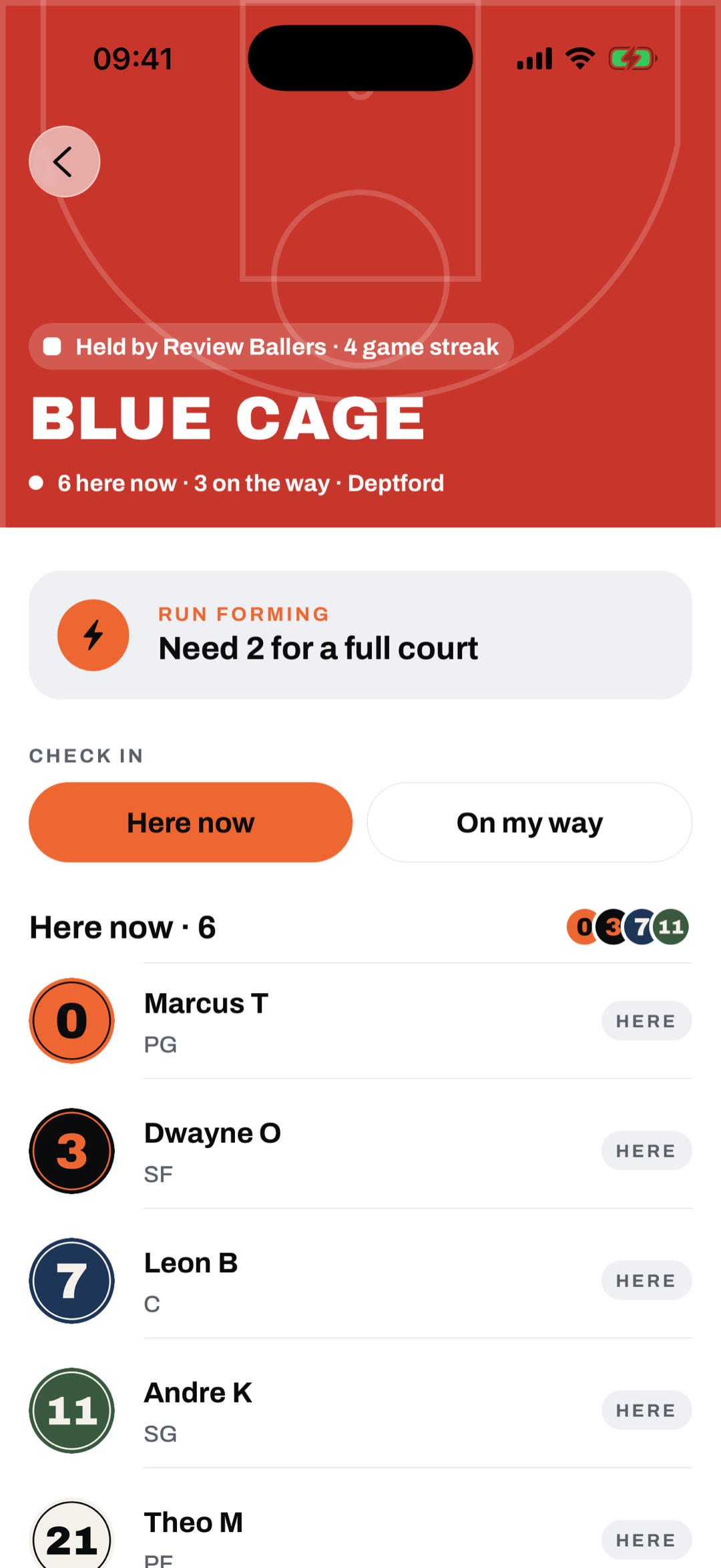 The Blue Cage court page: held by Review Ballers, six here now and three on the way, with the Here now and On my way check-in buttons.