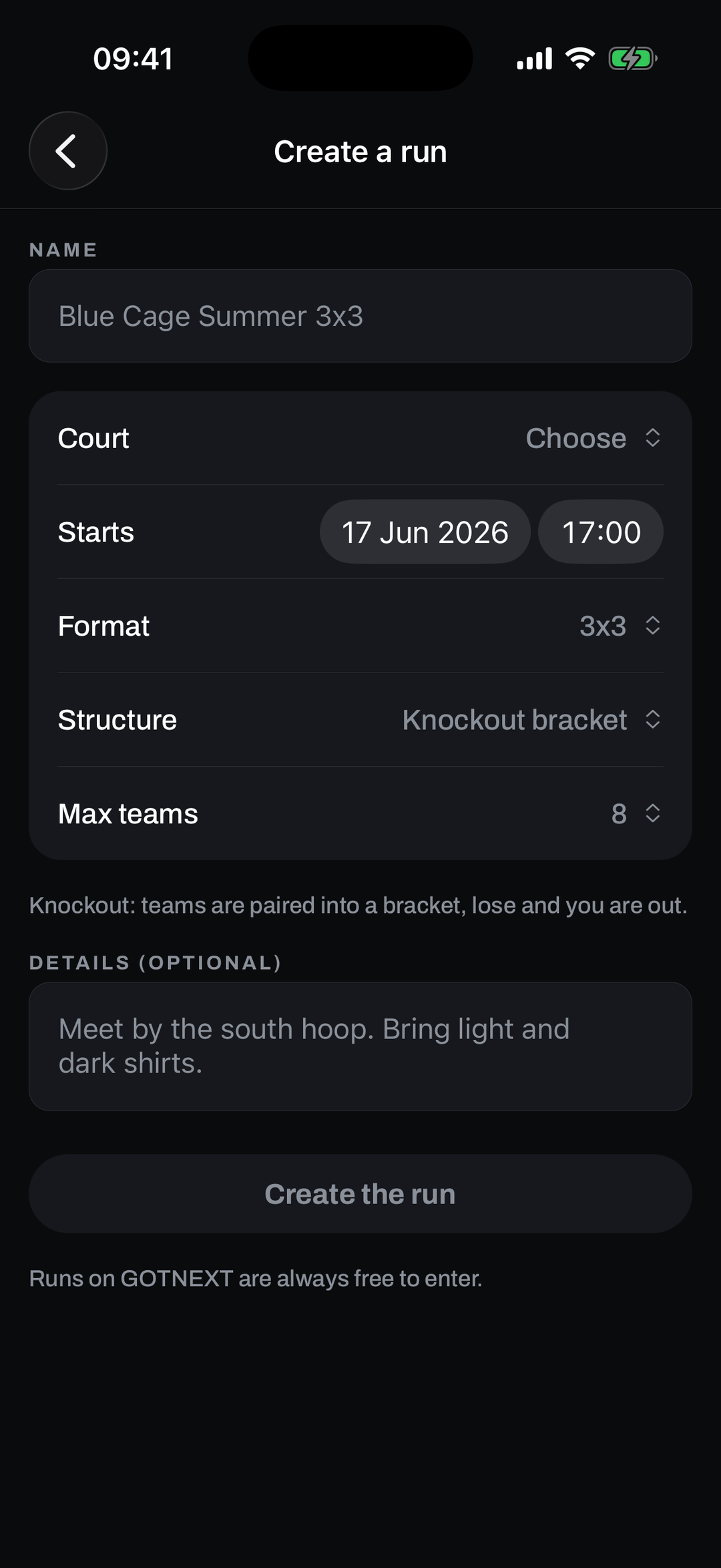 The create a run screen with a name, court, start time, format such as 3x3, and a knockout bracket structure.