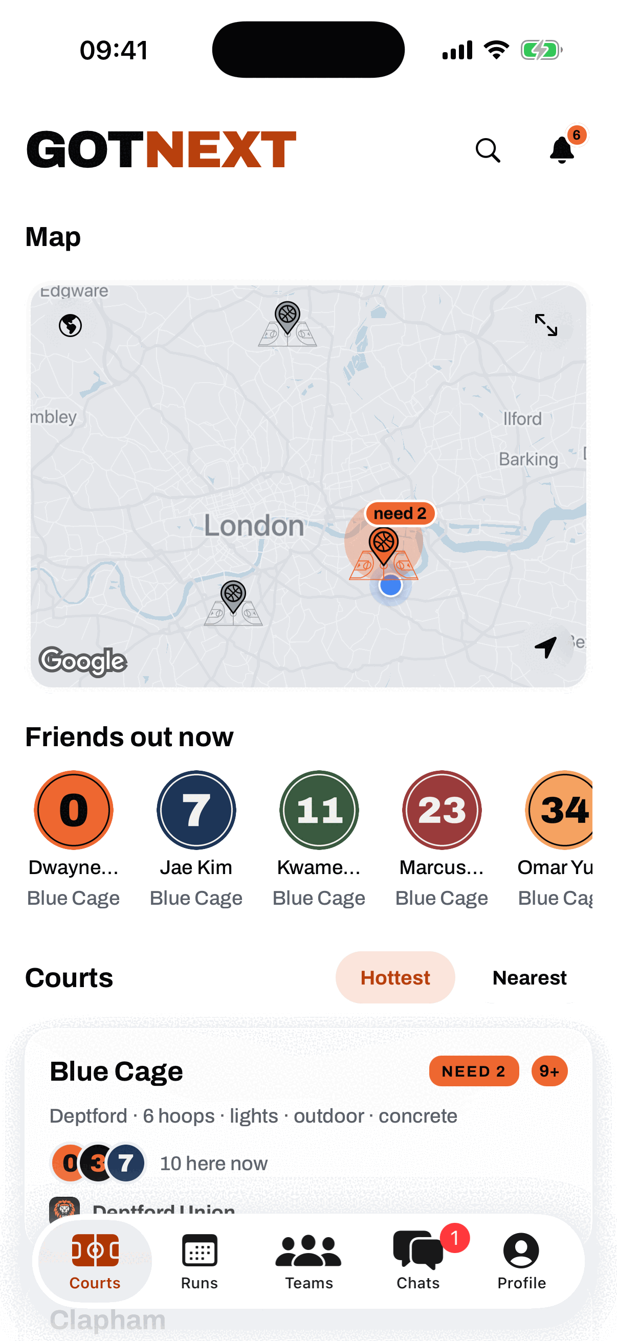 The GotNext home screen: a London map with court pins and a need 2 badge on Blue Cage, a Friends out now strip of five hoopers all at Blue Cage, and a Courts list opening with Blue Cage in Deptford, ten here now and a NEED 2 tag.