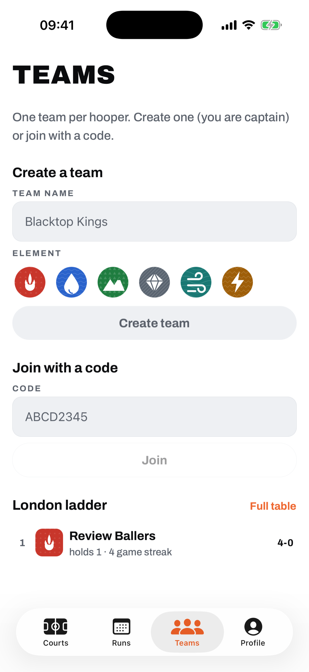 The Teams tab: create a team with an element picker, join with a code, and the London ladder led by Review Ballers.